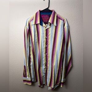 Robert Graham XL Multicolored Stripe Dress Shirt - Magenta, Yellow & Blue